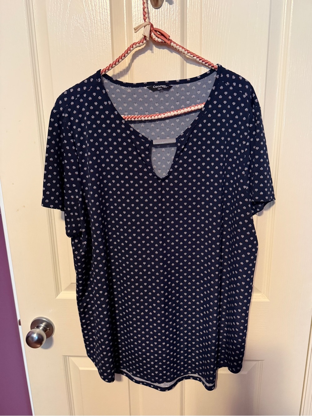 George Navy Short Sleeve Printed Keyhole Top
